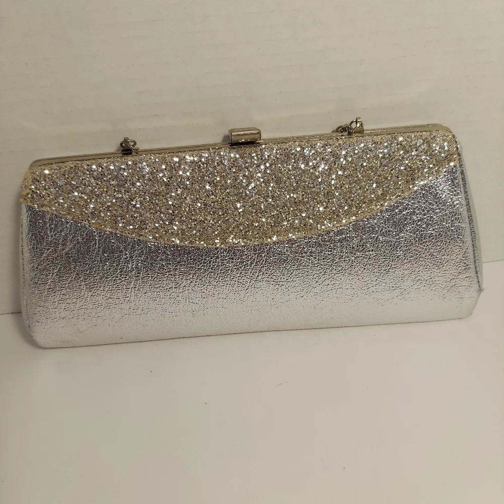 Vintage Silver Metallic + Glitter Clutch Evening Bag Purse Cocktail Prom Formal - Picture 3 of 15